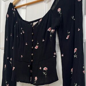 Altar'd State Black Floral Crop Button-Up Blouse